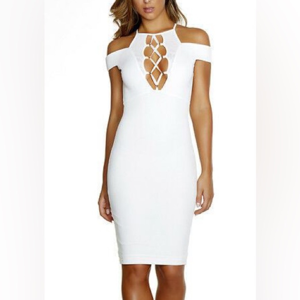 White sleeveless dress with shoestring tie cutout